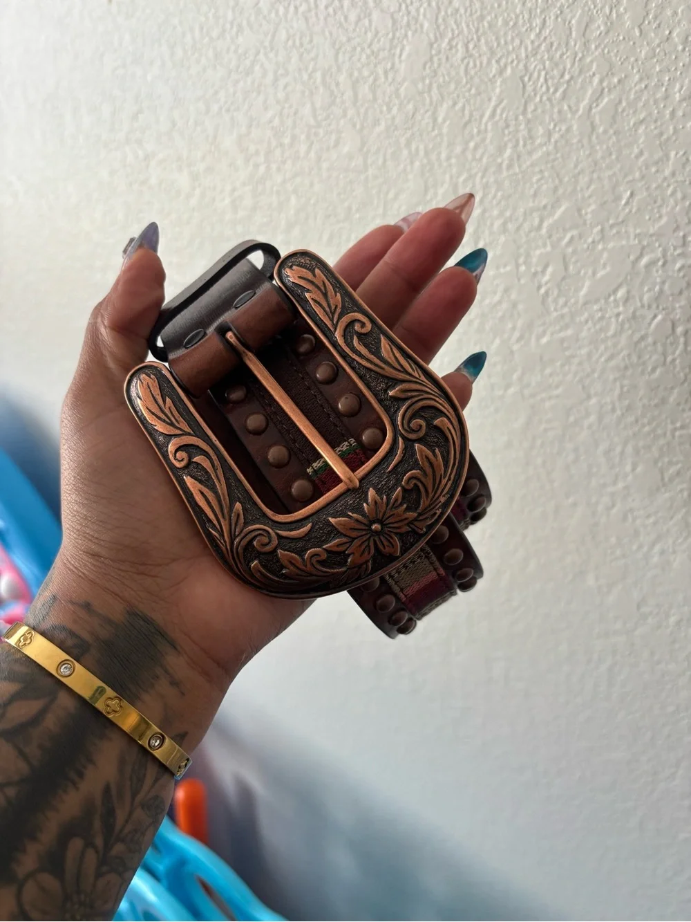 Ariat Brown Leather Belt with Copper Studs & Multicolor Stripe
